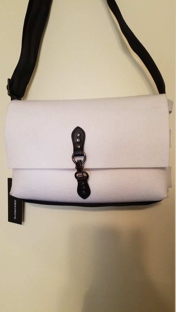 Merino Wool Felt Bag, Seatbelt Shoulder Strap/Crossbody.   White Wool/Black Strap