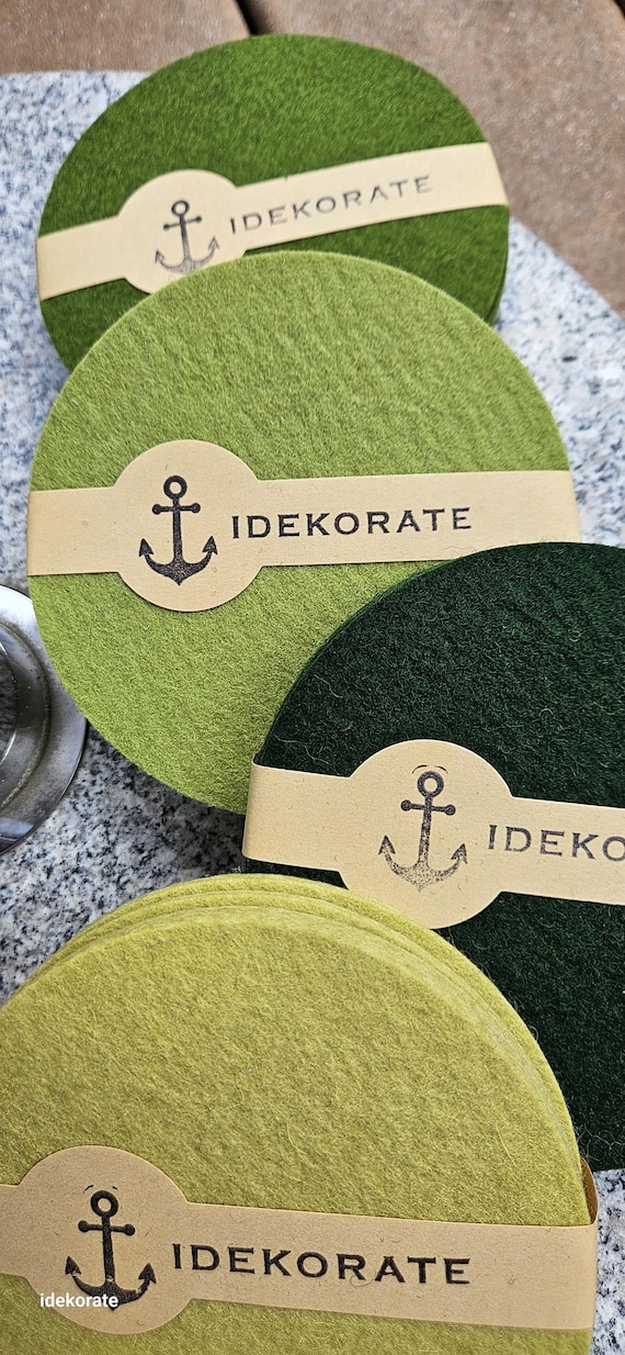 5 " Merino Wool Coasters Set of 4, 5 Inch Round, 5mm Thick, Botanical Inspired Green