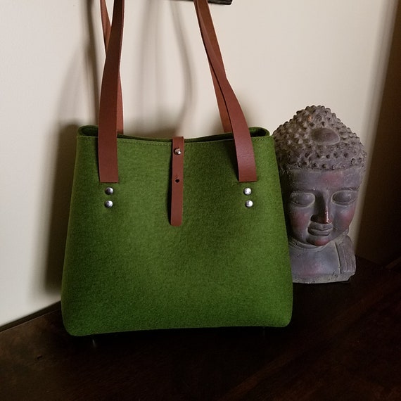 Spring Green Shoulder Bag, Wool Felt Bag, Leather Handles,  Fern Green Wool