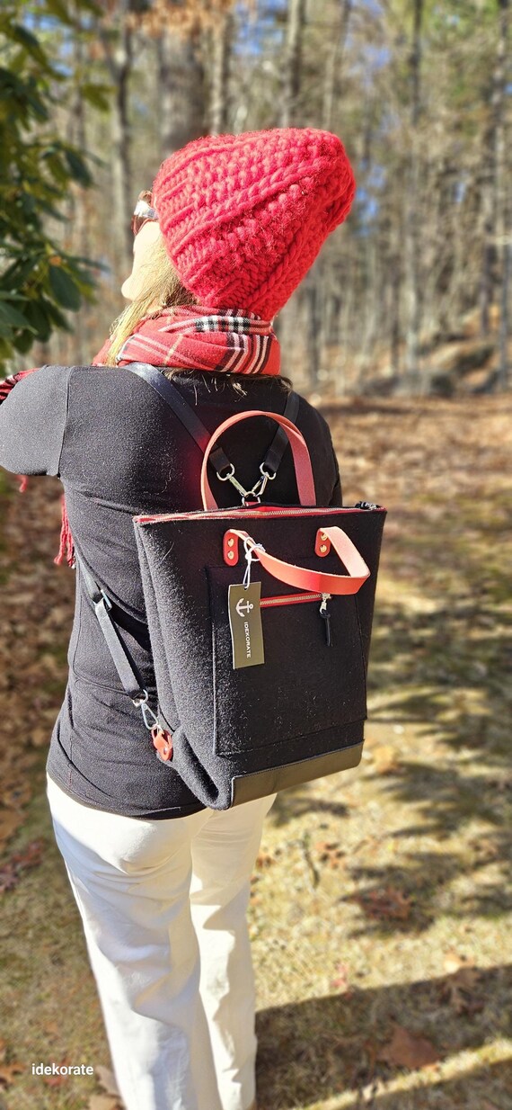 3mm Merino Wool Backpack.  Black Wool, red leather handles, black leather bottom.