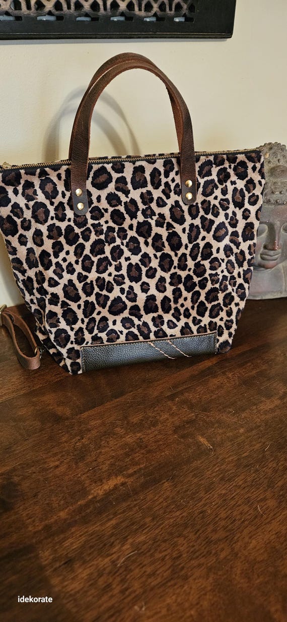 Leopard Print Bag. Backpack.  Plush Faux Fur.  Genuine Leather.