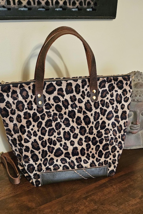 Leopard Print Faux Fur Backpack Tote, Genuine Leather, Merino Wool Accent, USA Made