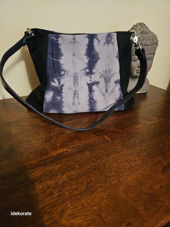 Shibori inspired Bag, handmade shoulder bag.  Black, blue and grey