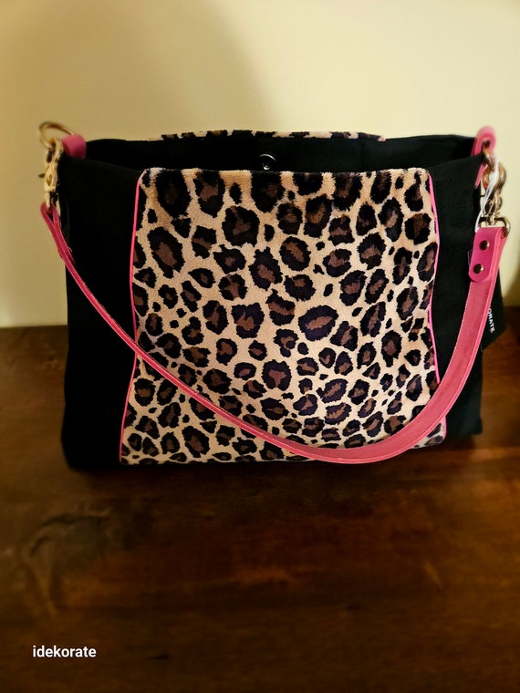Leopard Shoulder Bag.  With canvas and pink accents.