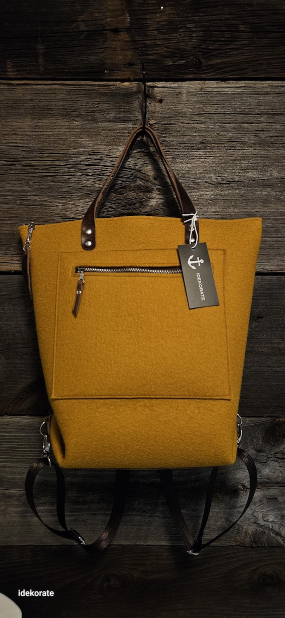 MERINO  Backpack Felted Wool, Genuine Premium Leather Laptop Bag Adjustable Brown Seatbelt Shoulder Straps Leather Footed Bottom