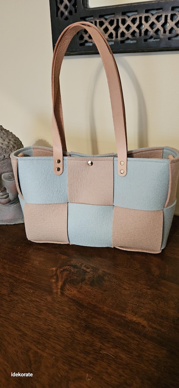 Medium Woven Merino Wool Bucket Handbag.  Mint and Tan