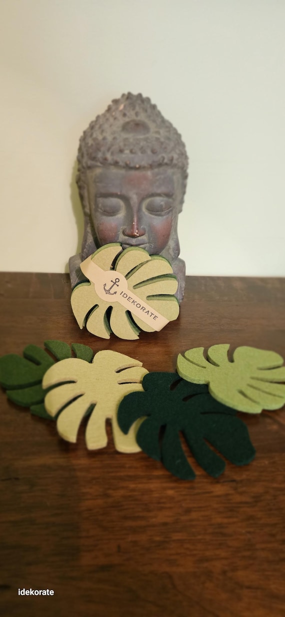 Merino Wool Palm Leaf Coasters, 5mm Thick, Botanical Trivet Set (4pc)