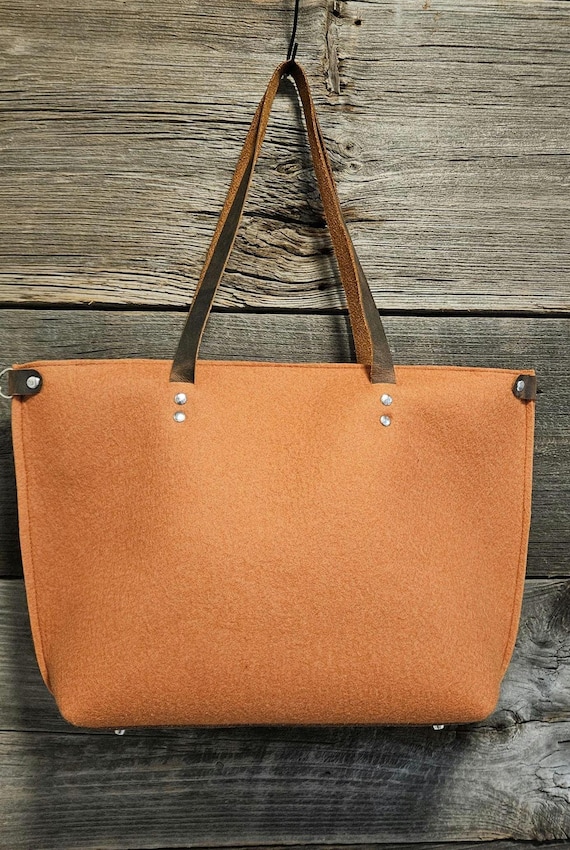 Merino Wool Felt Tote Bag, Brown Leather Straps, Zippered Top (Handmade)