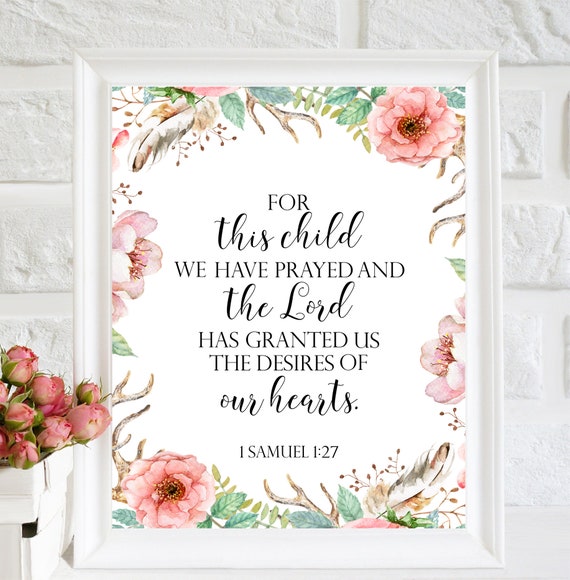 For This Child I Have Prayed Digital Print File Pink Watercolor Printable in Tan and Navy
