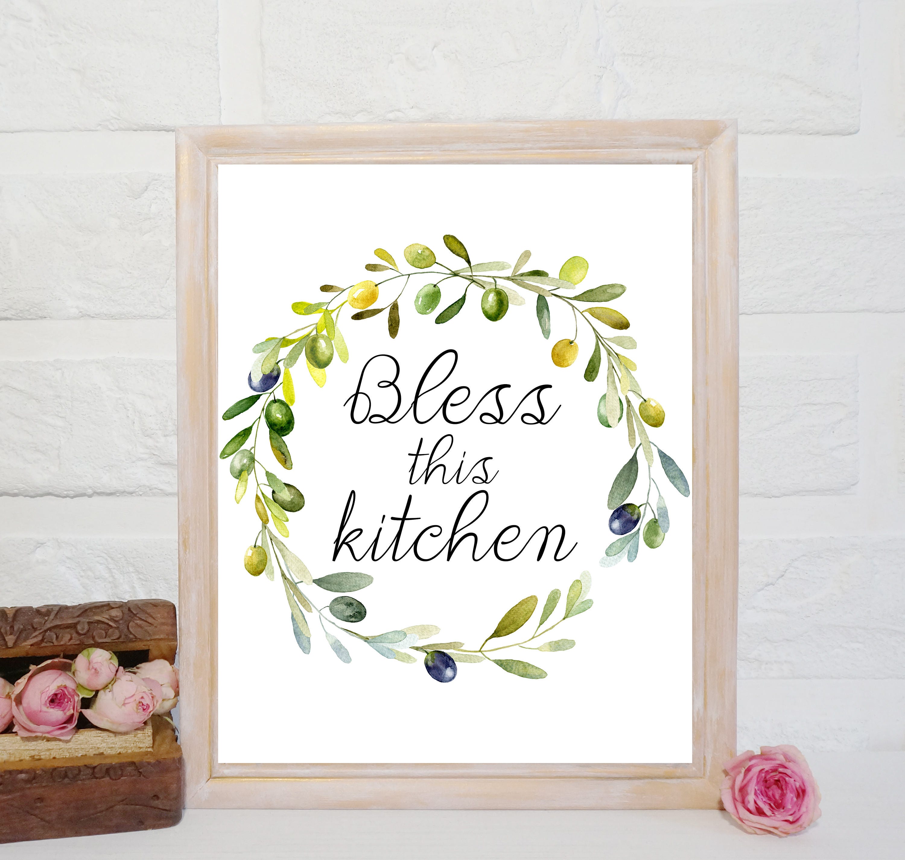 Kitchen décor print Bless this Kitchen poster olive wreath | Etsy