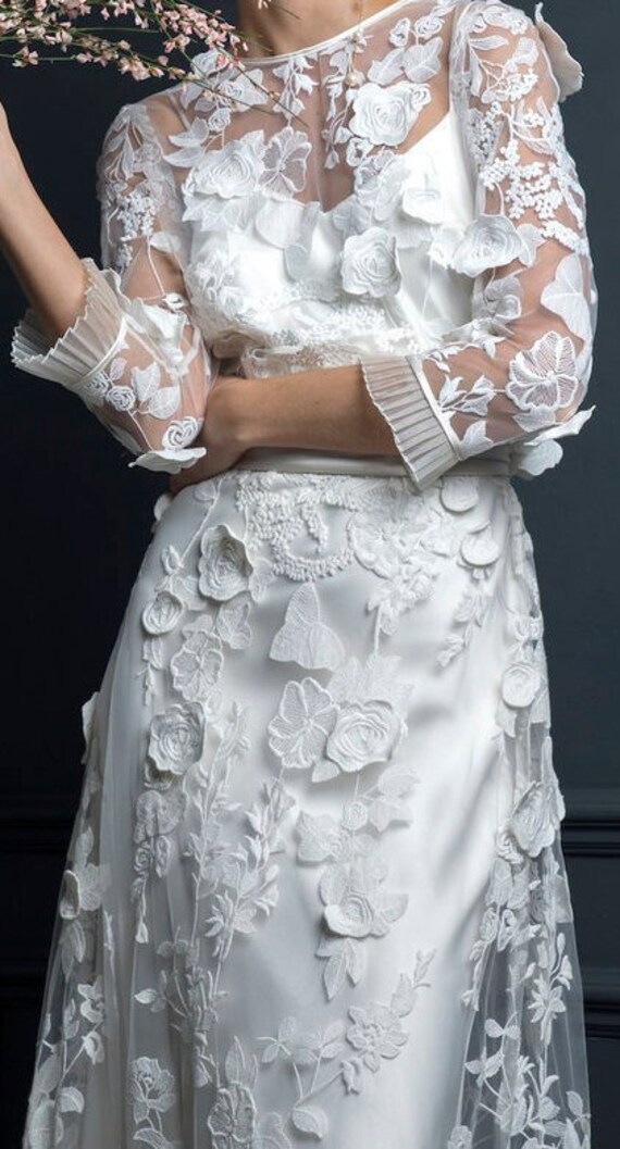 10yds Vintage Grey 3D Flower Lace Trim Fabric Bridal Wedding Dress 