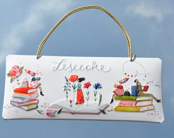 Leseecke Bücher - Türschild - geprägtes Schild aus Blech
