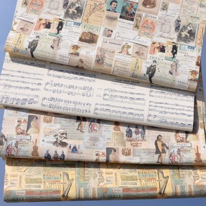 Könnte beinhalten: Vier Rollen Dekorationspapier mit einem Vintage-Opern-Thema. Das Papier zeigt Bilder von Opernsängern, Noten und Text in italienischer Sprache. Das Papier ist cremefarben, beige und gelb.