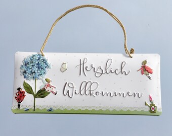 Herzlich Willkommen Blumenelfen - Türschild - geprägtes Schild aus Blech