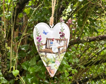 Naturgarten / Stockrosen / Huhn beim Tee - Dekoherz / Herz aus Blech - 15cm - kleine Geschenke, Dekoration