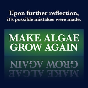 May include: A dark blue graphic print featuring the white text Upon further reflection, it's possible mistakes were made. Below this, a green rectangular block displays the white text MAKE ALGAE GROW AGAIN with a mirrored reflection below it.
