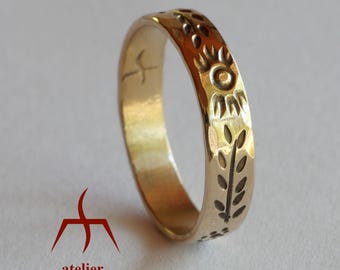 Customizable bronze ring for men and women, engraved with sun and plant motifs - gift for men and women