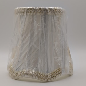 May include: A white lampshade with a pleated design, encased in clear plastic. The lampshade has a decorative, cream-colored trim around the top and bottom edges. The lampshade is a classic, elegant design.