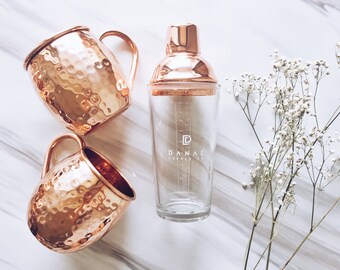 Cocktail Shaker + 2 Barrel Moscow Mule Mugs Set - 7th Anniversary, Copper Wedding, Hostess gift, Bartender Gift - Copper Cocktail Bar Set