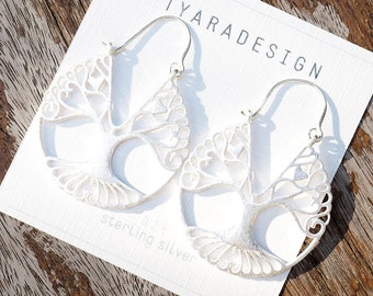 5th Anniversary Gift for Her, Dainty Hoop Earrings, Silver Tree of Life Earrings, Chunky Silver Earrings, Brushed Silver Earrings