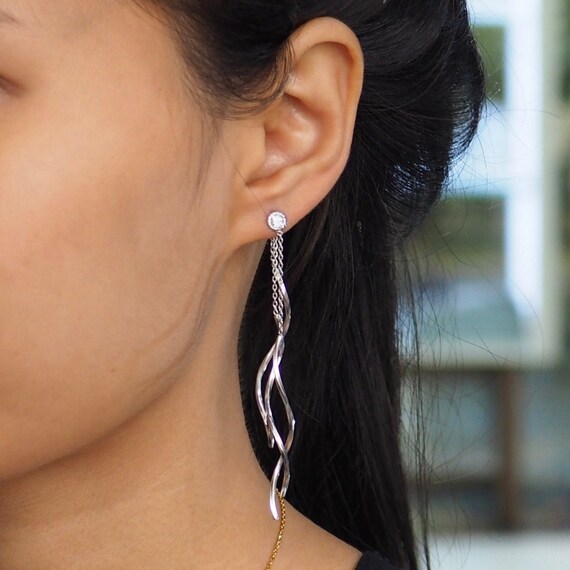 Geometric Ear Jackets Double Earrings 925 Sterling Silver Nb Of Crystal Stones 12