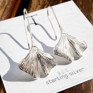Ginkgo Leaf Earrings, Sterling Silver: Botanical Nature Jewelry