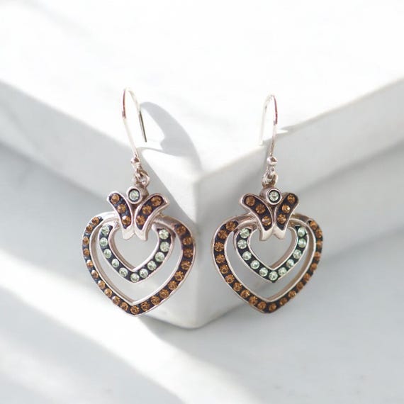 Sterling Silver Double Heart Dangle Earrings: Pavé Crystal