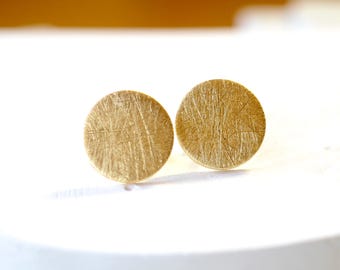 Gold Plated Sterling Silver Disc Stud Earrings: Brushed Minimalist Design