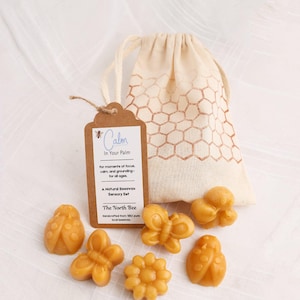May include: A natural beeswax sensory set featuring various shapes, including a ladybug, butterfly, and flower. The set includes a drawstring bag with a honeycomb pattern and a tag that reads "Calm In Your Palm".