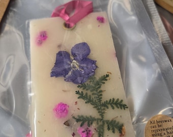 Pressed Flower Beeswax Bar Wax Sachet: Closet Freshener, Hostess Gift, Window Ornament