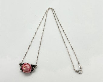 Vintage Royal Copenhagen Porcelain Danish brand sterling silver necklace with pink porcelain rose