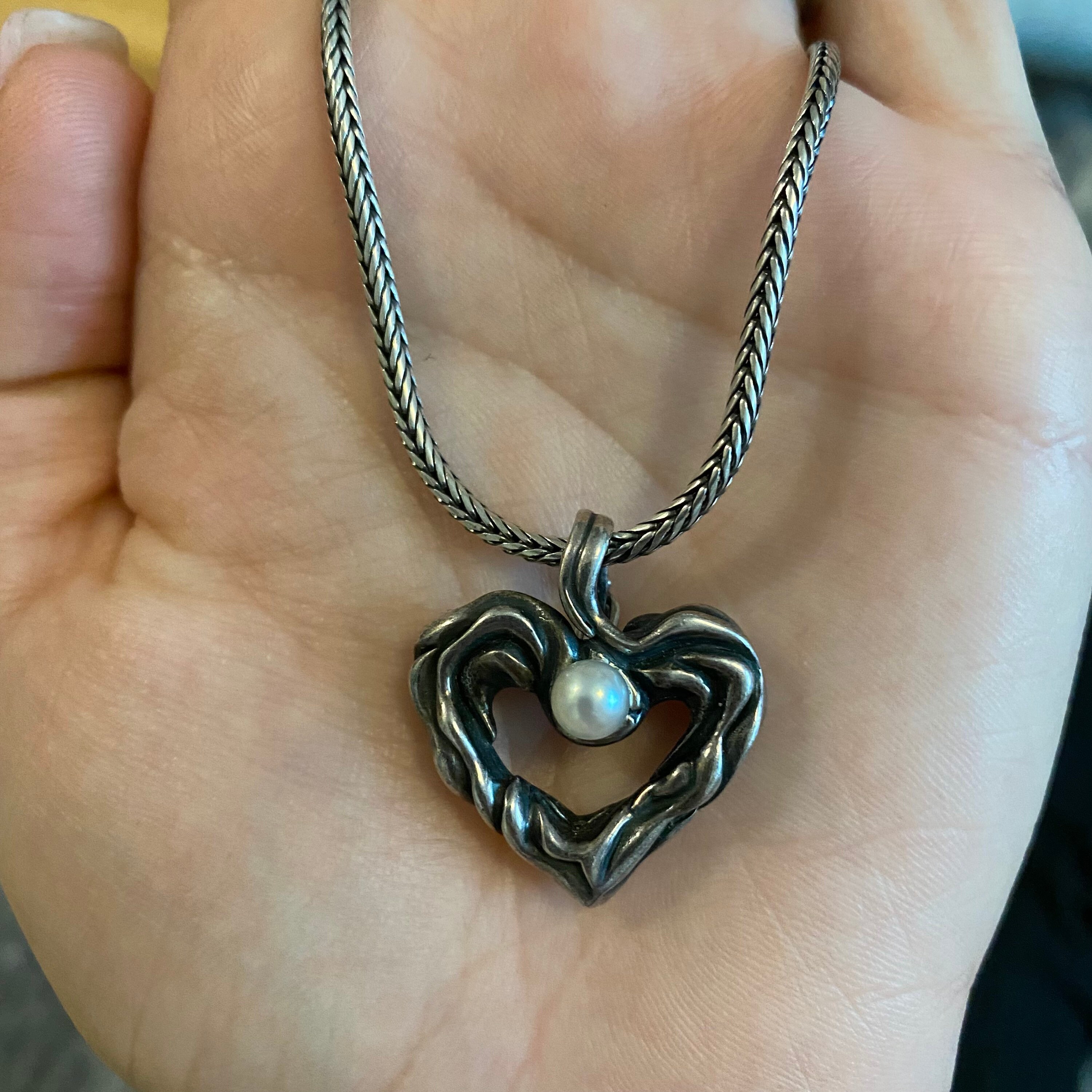 Vintage Danish RAUFF brand sterling silver heart pendant with pearl