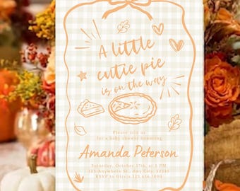 Autumn Baby Shower Invitation Template, Cute Fall Little Cutie Pie is on the Way, Editable Canva Digital Download, Hand Drawn Doodle Style