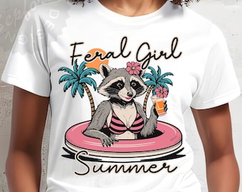 Feral Girl Summer png、Retro Funny Raccoon Png、Funny summer png。昇華印刷用のトレンディなpngデザイン。