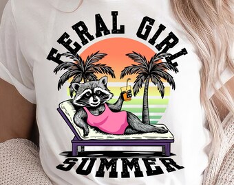 Feral Girl Summer png。水着を着た野生の面白いアライグマ png。夏のグラフィック png、面白い夏の png、夏のデザイン T シャツ昇華プリント