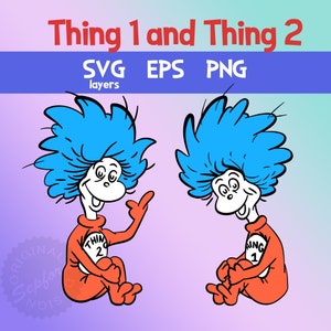 May include: Two cartoon characters, Thing 1 and Thing 2, from the book "The Cat in the Hat". They are both wearing red overalls with their respective numbers on them. They have blue hair and are sitting down.