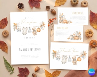 A Little Pumpkin Baby Shower Invitation Template, Diaper Raffle, Books for Baby, Thank You card, Fall Baby Shower Printable Instant Download
