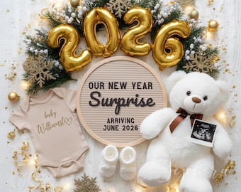 デジタル新年妊娠発表テンプレート。クマさんと一緒に編集できる冬の妊娠発表。冬の出産発表