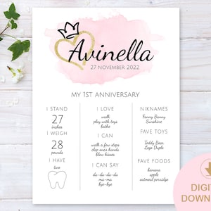 Poster personnalisé d'anniversaire de 1 an. Joli design rose avec une couronne pour une fille de 1 an. Affiche premier anniversaire, affiche minimaliste de 1 an