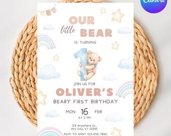 柔らかなパステルカラーのクマちゃんの1歳の誕生日招待状。青い数字の「1」を持ったクマちゃん。小さなクマちゃんの1歳の誕生日パーティーへの招待状。