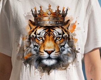 Tiger PNG. Watercolor tiger portrait print for sublimation printing. Tiger King with crown watercolor png. Tiger Clipart Watercolor