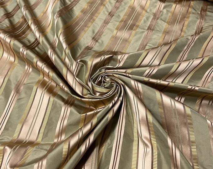 100% silk taffeta satin stripes, beautiful olive green gold satin stripe with brown tint  54" wide          Sold by the yard