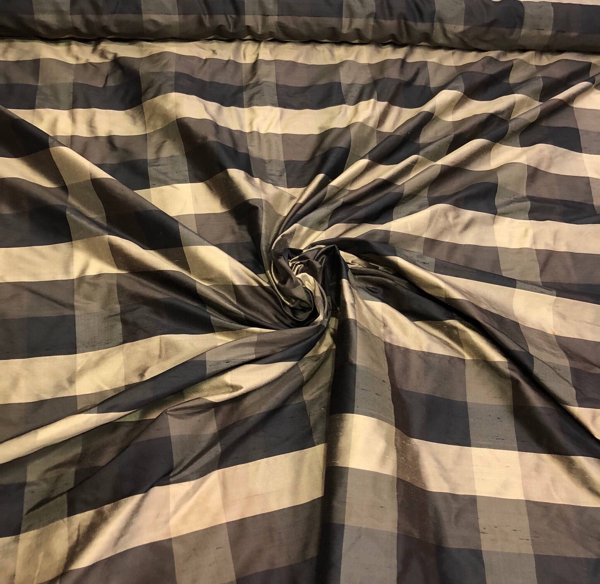 Silk shantung plaid 54 wide Beautiful black gold tan color silk