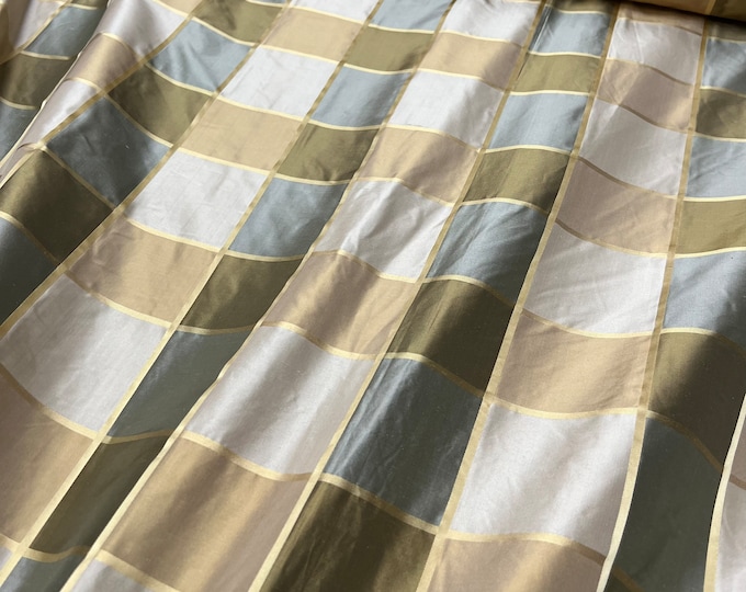 Beautiful Gold base light gold tan grayish shade satin check style stripes plaid, best used for home decor & apparel.  Sold by the yard