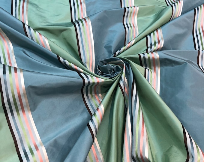 Silk taffeta 54"   Beautiful aqua green blue stripes with pink green blue ivory color silk satin stripe fabric sold by the yard