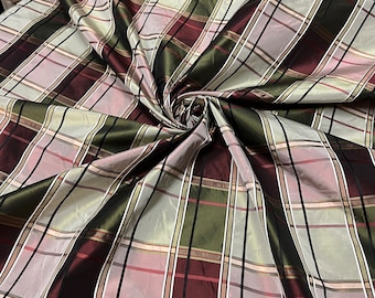 100% silk beautiful wine olive mint pink with gold tan satin stripe plaids .  silk taffeta 54" wide            Sold by the yard
