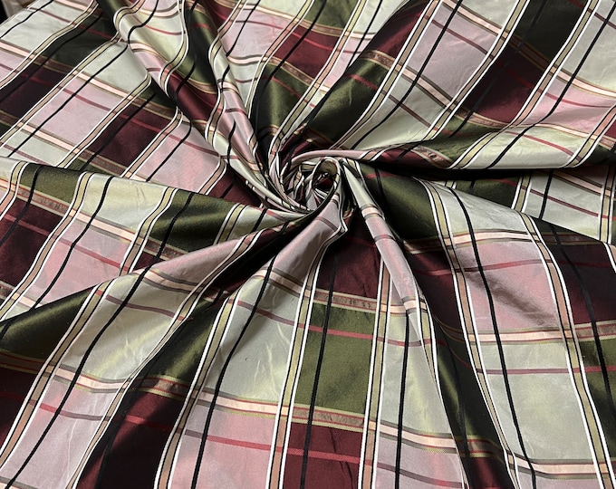 100% silk beautiful wine olive mint pink with gold tan satin stripe plaids .  silk taffeta 54" wide            Sold by the yard