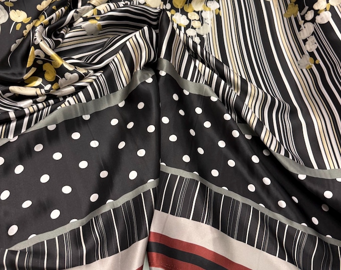 100% silk satin charmeuse digital print 54" wide    Beautiful black base with ivory wine stripe and polka dots floral design silk 54” wide