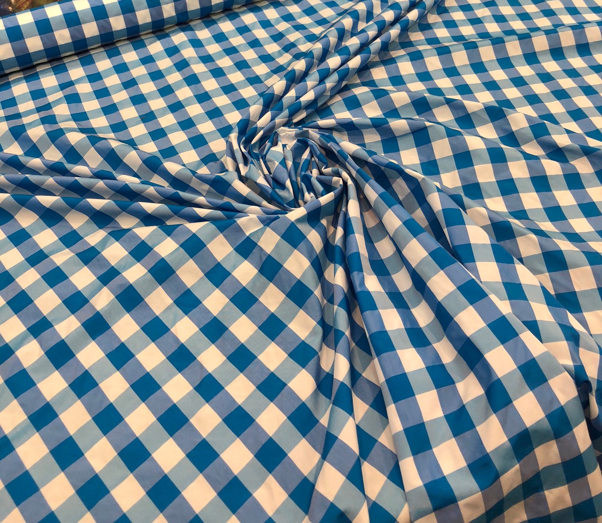 Taffeta gingham check 54 wide Sold by the yard Turquoise & white