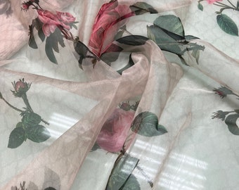 Beautiful organza floral digital print also called Gazzar 54” wide. Beautiful champagne base wine green Beige color floral digital design